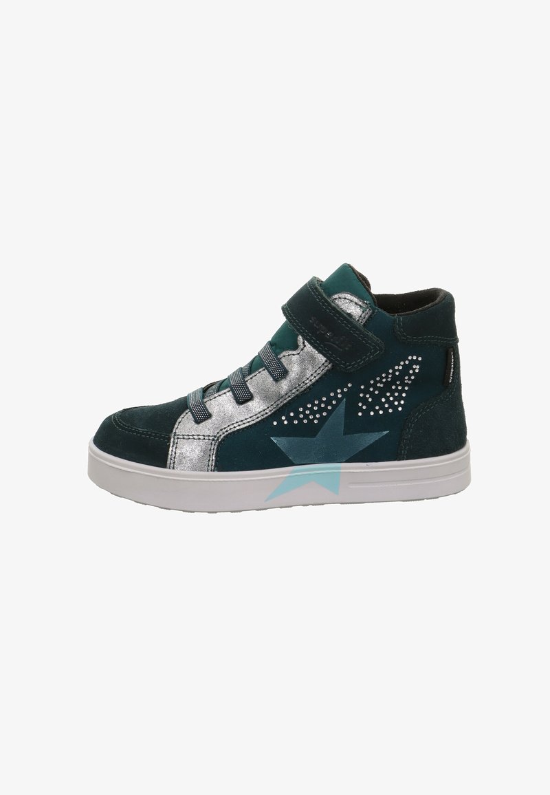 Sneaker alta in blu petrolio e argento, con un accento a forma di stella blu, dettagli perforati e una chiusura in velcro con lacci.