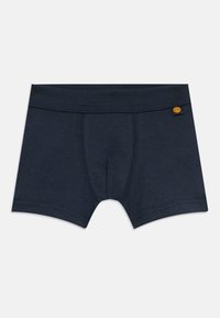 Navy blue cotton boxer shorts with a soft waistband, featuring a small label accent and a traditional design with a front opening.