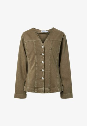 Rudos džinsinio audinio švarkas su ilgomis rankovėmis ir V-formos kaklu, su vertikaliomis siūlėmis ir šiek tiek prigludusia juosmens dalimi.