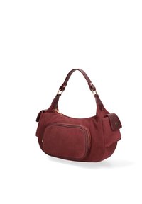 Borsa a mano in suede bordeaux, con forma arrotondata, una singola tracolla, una tasca frontale con zip e dettagli in metallo dorato. Tessuto morbido.