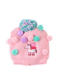 Bonnet tricoté rose avec un pompon multicolore, des accents décoratifs en feutre et de grands pompons colorés et vibrants.