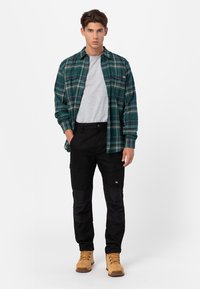 Young man standing, wearing a green plaid shirt over a gray t-shirt, black cargo pants, and tan work boots on a white background.