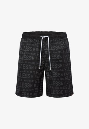 Schwarze Badeshorts mit elastischem Bund und weißem Kordelzug, die ein durchgehendes wiederholendes Logo-Muster in einem dunkleren Farbton aufweisen.