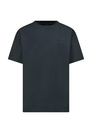 Donkergrijs katoenen T-shirt met een ronde hals, korte mouwen en een subtiel geperst logo op de voorkant. Soepele textuur, casual ontwerp.