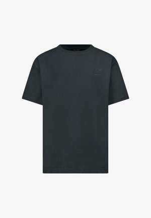Donkergrijs katoenen T-shirt met een ronde hals, korte mouwen en een subtiel geperst logo op de voorkant. Soepele textuur, casual ontwerp.