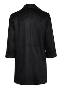 Manteau noir à manches longues avec un large col et des manches retroussées, présenté de dos sur fond blanc.