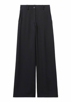 Pantaloni neri a gamba larga con bottone frontale e passanti per cintura, con tasche laterali e finitura liscia e sartoriale.