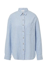 Lichtblauw langemouw shirt met witte verticale strepen, kraag, knopen aan de voorkant en een borstzak; zachte stof met een relaxte pasvorm.