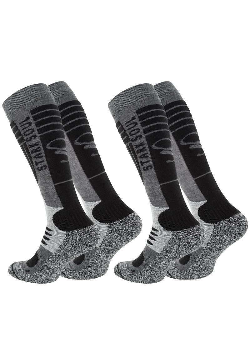 Calzini alti fino al ginocchio in grigio e nero, con un design semplice e motivi a contrasto, suole imbottite e aree del tallone e delle dita rinforzate.