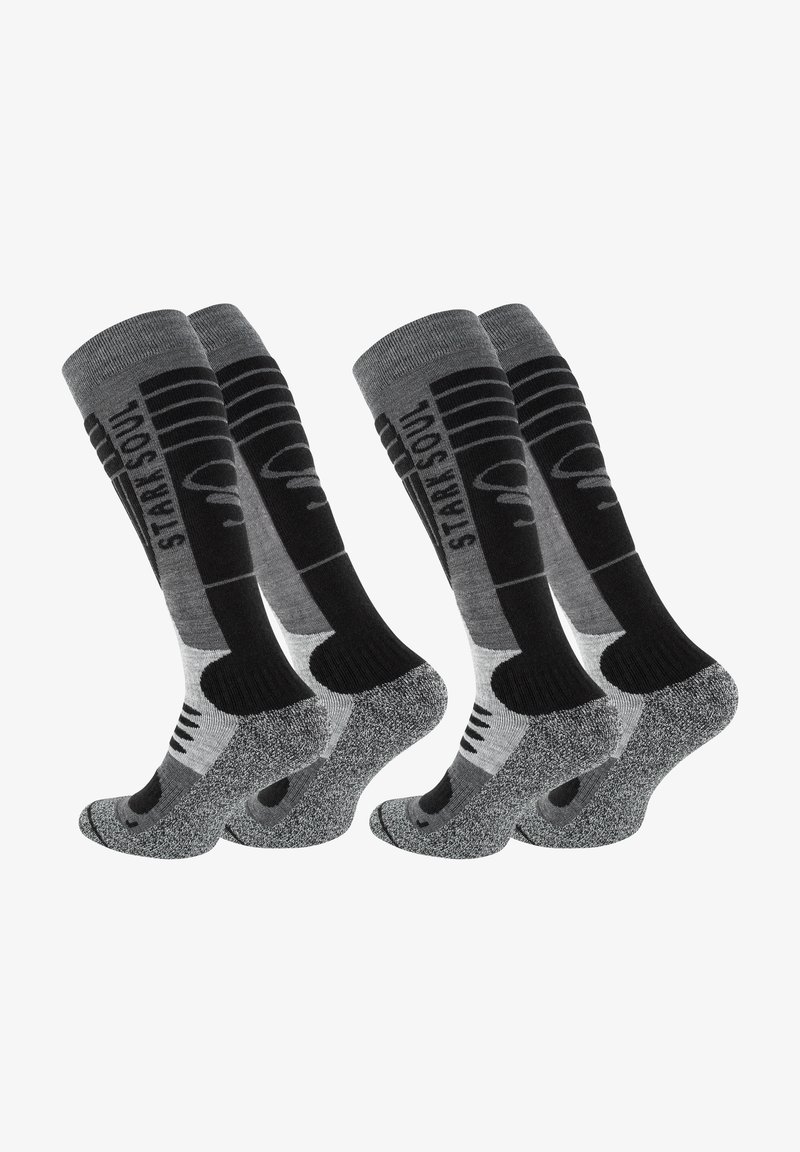 Calzini alti fino al ginocchio in grigio e nero, con un design semplice e motivi a contrasto, suole imbottite e aree del tallone e delle dita rinforzate.