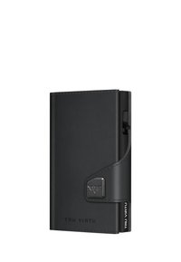 Black leather wallet with a smooth texture, features a silver hardware accent, logo detail, and a secure closure. Rectangular shape.