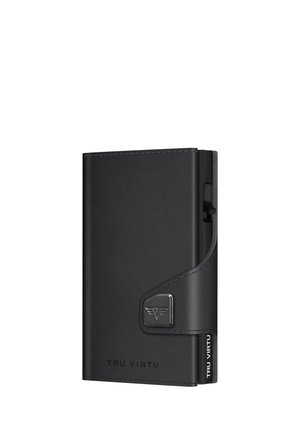 Black leather wallet with a smooth texture, features a silver hardware accent, logo detail, and a secure closure. Rectangular shape.