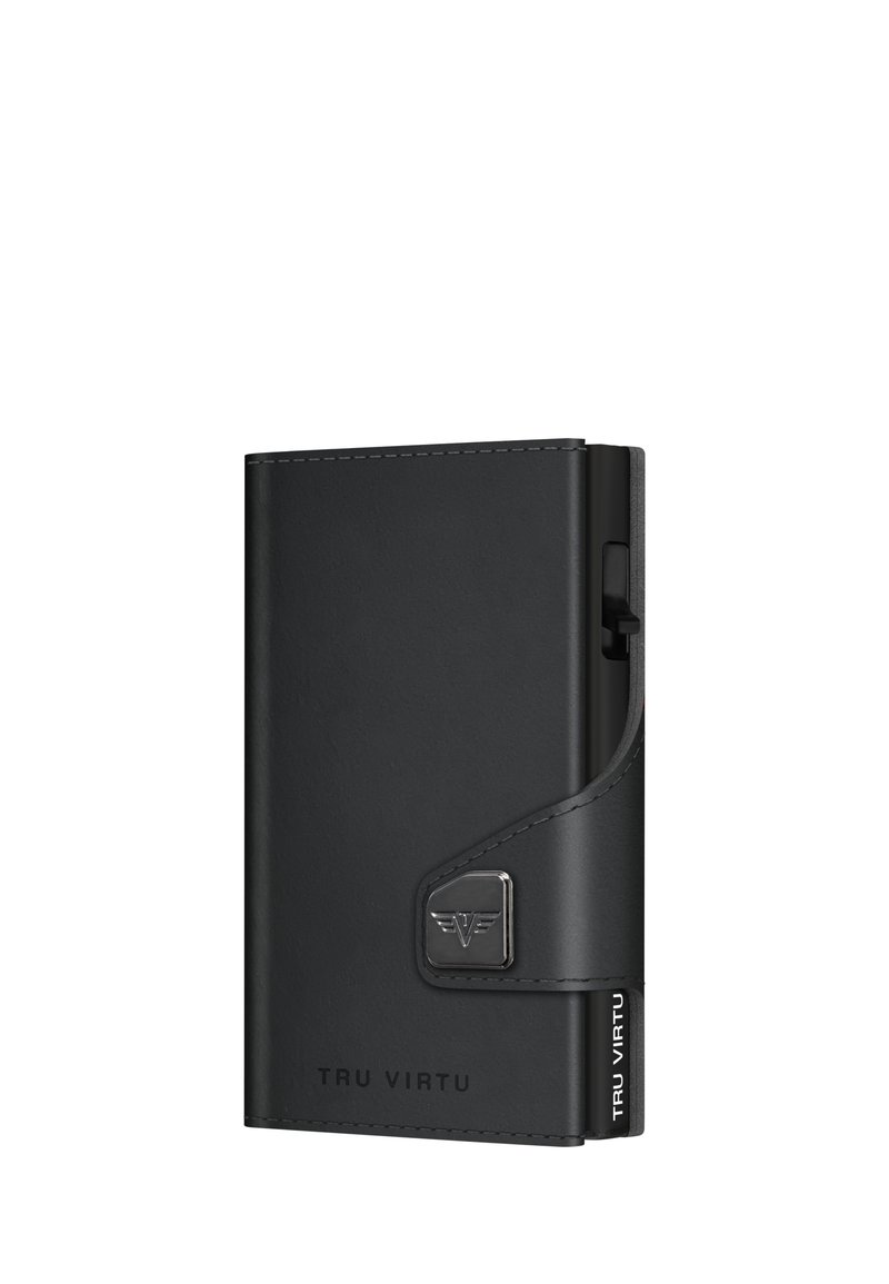 Black leather wallet with a smooth texture, features a silver hardware accent, logo detail, and a secure closure. Rectangular shape.