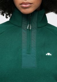 Grønn fleecegenser med halvglidelås i kragen, med en glatt frontpanel og en liten logo på brystet. Myk tekstur gjennom hele.