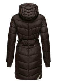 Brown puffer jacket with a hood, quilted pattern, elastic waist, and side pockets. The cuffs are ribbed for added warmth. Adjustable hardware detail.