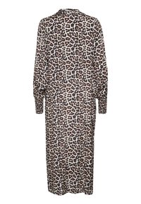 Robe midi à imprimé léopard en tissu léger, dotée de manches longues, d'une coupe décontractée et d'un col montant avec une fermeture au dos.