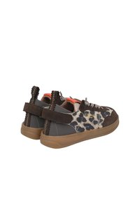 Sneakers featuring a brown leopard print with gray canvas, brown suede accents, and a textured outsole. Includes a strap at the heel.