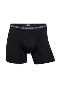 Black boxer briefs made of soft fabric with a snug fit. Features a branded elastic waistband and a pouch for added support.