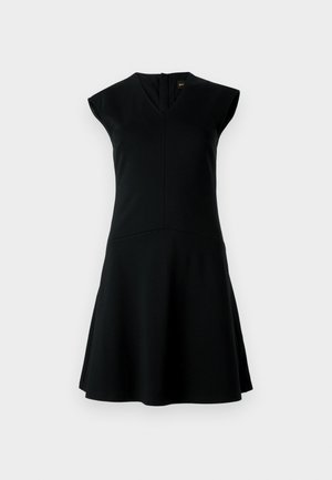 Black sleeveless dress with a V-neck, fitted bodice, and flared skirt. Made of smooth fabric with a clean design and back zip closure.