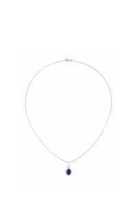Sudraba kaklarota ar ovālu zilu akmens piekariņu, rotātu ar mazām caurspīdīgām pērlītēm, karājas no smalkas ķēdītes.