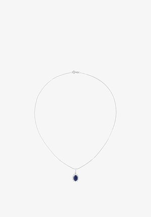 Sudraba kaklarota ar ovālu zilu akmens piekariņu, rotātu ar mazām caurspīdīgām pērlītēm, karājas no smalkas ķēdītes.