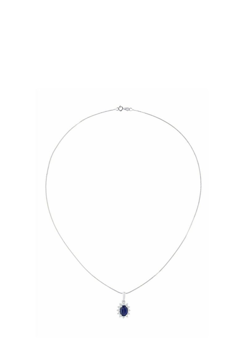Sudraba kaklarota ar ovālu zilu akmens piekariņu, rotātu ar mazām caurspīdīgām pērlītēm, karājas no smalkas ķēdītes.