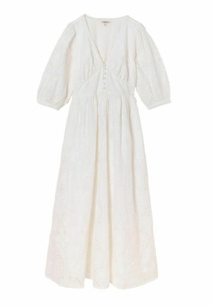 Biała sukienka midi z dekoltem w serek, bufkami, guzikami oblekanymi tkaniną z przodu oraz subtelnym haftowanym wzorem ażurowym.