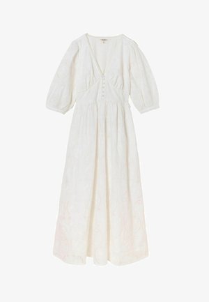 Weißes Midikleid mit V-Ausschnitt, Puffärmeln, stoffbezogenen Knöpfen vorne und einem dezenten bestickten Lochmuster.