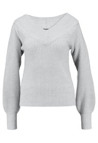 Svetle šedý pletený svetr s hlubokým výstřihem do V, dlouhými rukávy a ribovanými manžetami a lemem. Texturovaný vzor po celé látce.