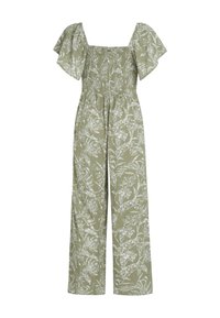 Combinaison en impression florale verte avec des manches bouffantes, décolleté carré et corsage smocké. Design ample à jambes larges avec un tissu texturé.
