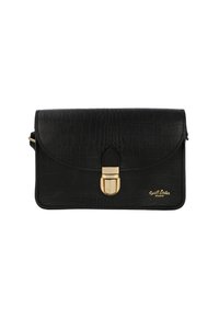 Borsa nera in pelle con texture a coccodrillo, dotata di una chiusura e dettagli dorati. Il design include una chiusura a soffietto e una tracolla.