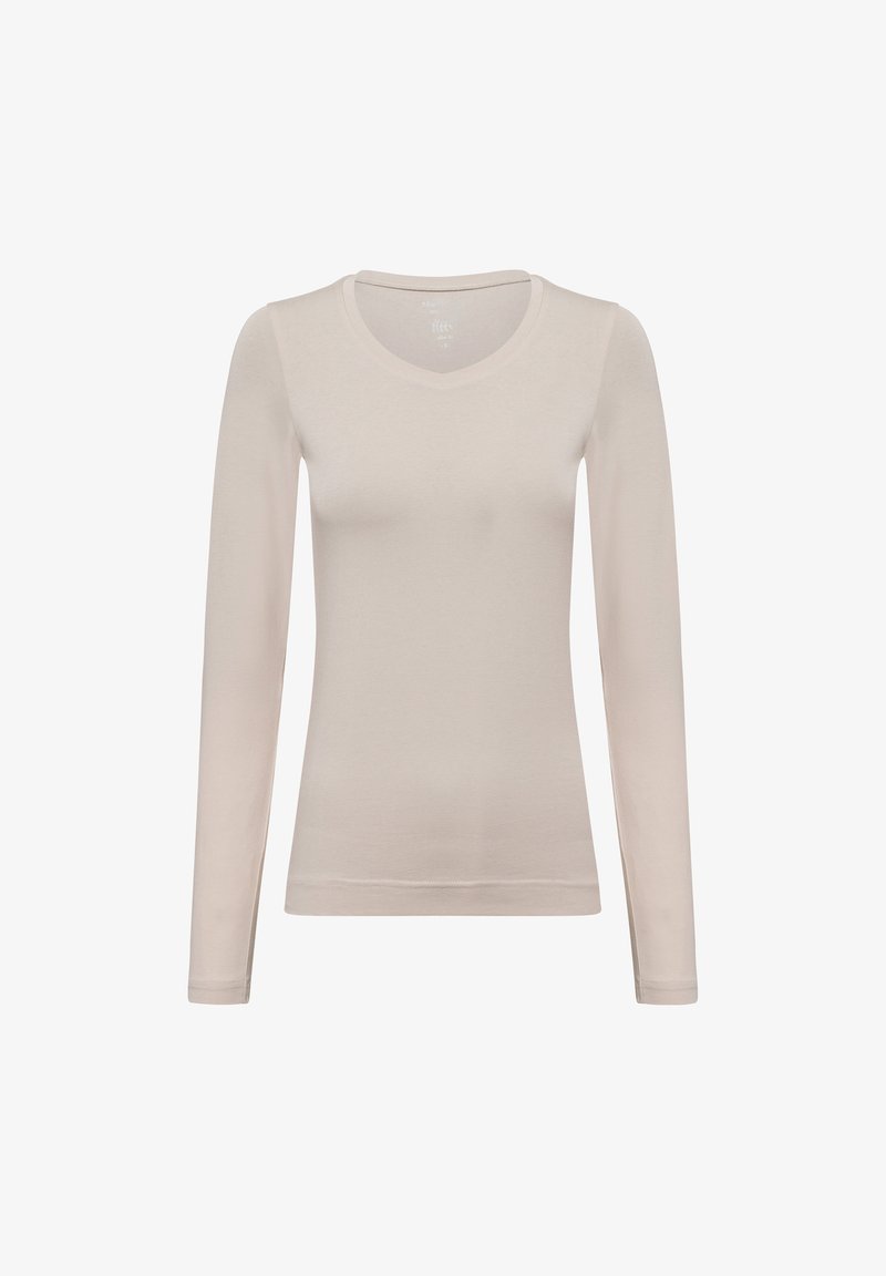 Long-sleeve, light beige top with a round neckline. Made from soft, smooth fabric with minimal stitching details and a fitted shape.