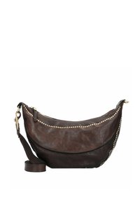 Braune Leder-Schultertasche mit einer geschwungenen Form, die an der oberen Kante mit goldenen Nieten verziert ist und einen abnehmbaren Schulterriemen hat. Strukturierte Oberfläche.