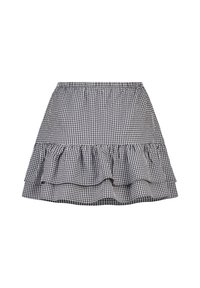 Gonna in tessuto gingham bianco e nero con orlo a volant, vita elastica e forma svasata, realizzata in tessuto leggero.
