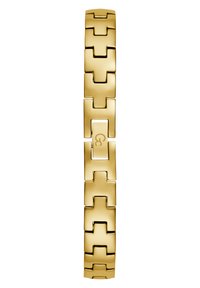 Zlatý metalový náramok s prepojenými geometrickými článkami, hladkým povrchom a jemným logom na jednom článku.