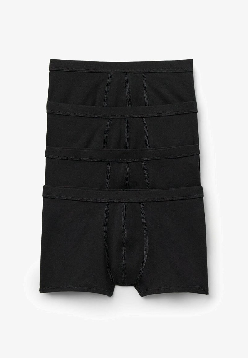 Schwarze Baumwoll-Boxershorts, gestapelt in vier Schichten. Jede Short verfügt über einen elastischen Bund und Flachnahtnähte für zusätzlichen Komfort.