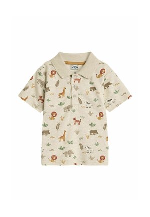 Polo shirt beige in cotone, con varie illustrazioni di animali in tonalità terrose e foglie verdi. Colletto classico e patta con tre bottoni.