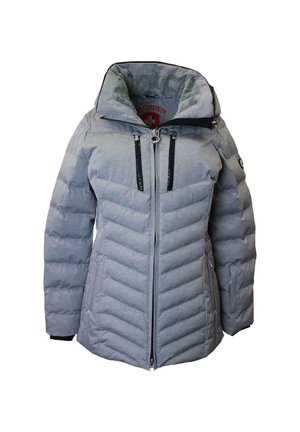 Grau isolierte Jacke mit durchgehendem Reißverschluss, Chevron-Steppmuster, großer Kapuze und glänzenden schwarzen Reißverschlussakzenten. Mit Logo auf der Brust.