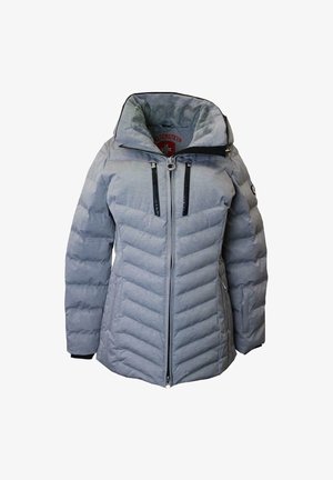 Grau isolierte Jacke mit durchgehendem Reißverschluss, Chevron-Steppmuster, großer Kapuze und glänzenden schwarzen Reißverschlussakzenten. Mit Logo auf der Brust.