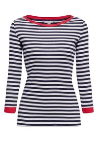 Langärmliges gestreiftes Hemd in Marineblau und Weiß mit roten Hals- und Ärmelakzenten, das ein figurbetontes Design und ein weiches Textil aufweist.