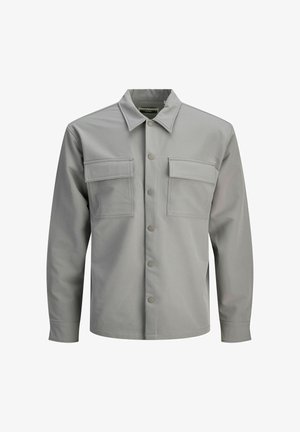 Hall hall õhuke kangast jakk, millel on klassikaline krae, kaks rinnataskut ja esiküljel trukid.