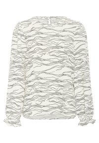 Biała bluzka z czarnymi falistymi liniami, okrągłym dekoltem, długimi rękawami z elastycznymi mankietami i otworem w kształcie łezki z tyłu.