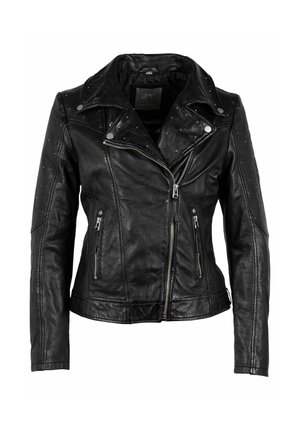 Black leather motorcycle jacket with a zippered front, asymmetrical collar, and studded detailing on shoulders. Features two zippered pockets.