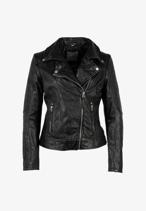Black leather motorcycle jacket with a zippered front, asymmetrical collar, and studded detailing on shoulders. Features two zippered pockets.