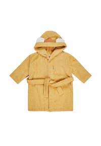 Accappatoio in spugna giallo con cappuccio, caratterizzato da un design a faccia di anatra, chiusura con bottoni e cintura in vita per una vestibilità sicura.