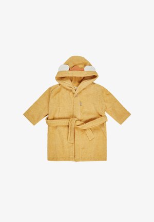 Yellow terry cloth bathrobe with a hood, featuring a duck face design, button front, and waist tie belt for secure fit.