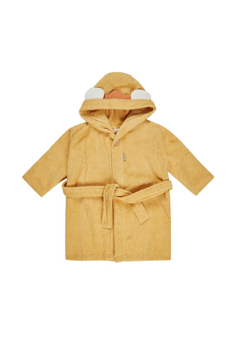Accappatoio in spugna giallo con cappuccio, caratterizzato da un design a faccia di anatra, chiusura con bottoni e cintura in vita per una vestibilità sicura.