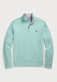 Pullover verde chiaro con zip a quarti. Tessuto morbido con una trama melange. Fodera del colletto grigia e logo ricamato blu navy sul petto.