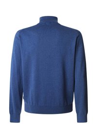 Pull en tricot bleu avec un col montant, des poignets et un ourlet côtes. Texture lisse, poids moyen, présente un minimum de détails à l'arrière.