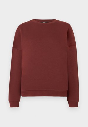 Maroon sweatshirt made of soft fabric with a round neckline, long sleeves, and a relaxed fit. Ribbed cuffs and hem. Smooth texture.